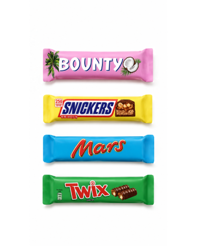 Zestaw Baton Squishy w kształcie popularnych batoników: Bounty, Snickers, Mars i Twix. Miękkie, podłużne gniotki z pianki, w kolorach i wzorach inspirowanych oryginalnymi opakowaniami słodyczy