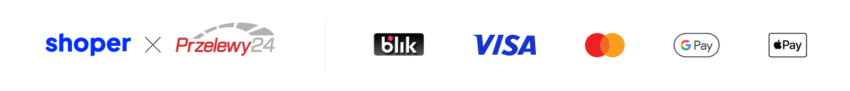 Baner z logotypami obsługiwanych form płatności na stronie. Od lewej strony widnieją logo firm Shoper i Przelewy24. Następnie kolejno logotypy płatności: blik, visa, mastercard, google pay i apple pay.