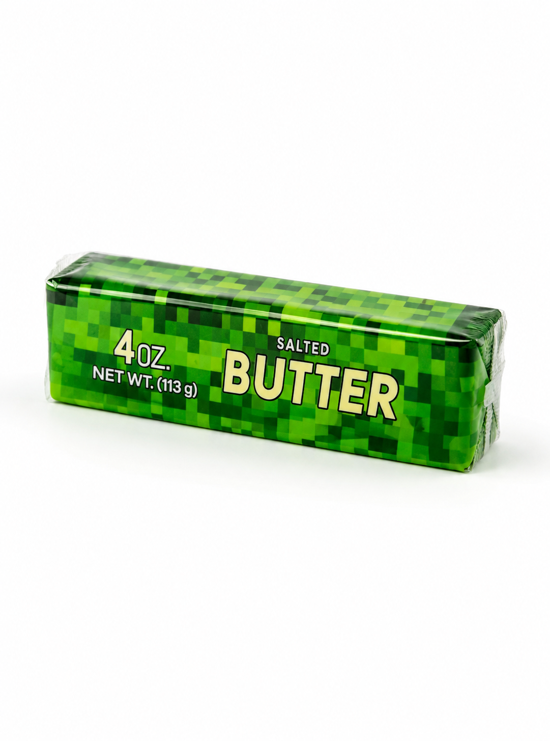„Podłużny Butter Squishy Pixel w zielonej kolorystyce. Miękki gniotek z pianki o pikselowym wyglądzie, z zaokrąglonymi krawędziami i kolorowymi detalami na powierzchni.”