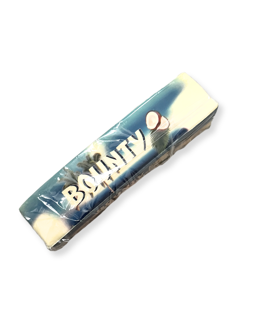 „Miękki Butter Squishy w kształcie batonika. Niebiesko-biała kolorystyka z brązowym akcentem i nadrukiem inspirowanym Bounty. Podłużny kształt, zaokrąglone krawędzie i wygląd kokosowego batonika.”