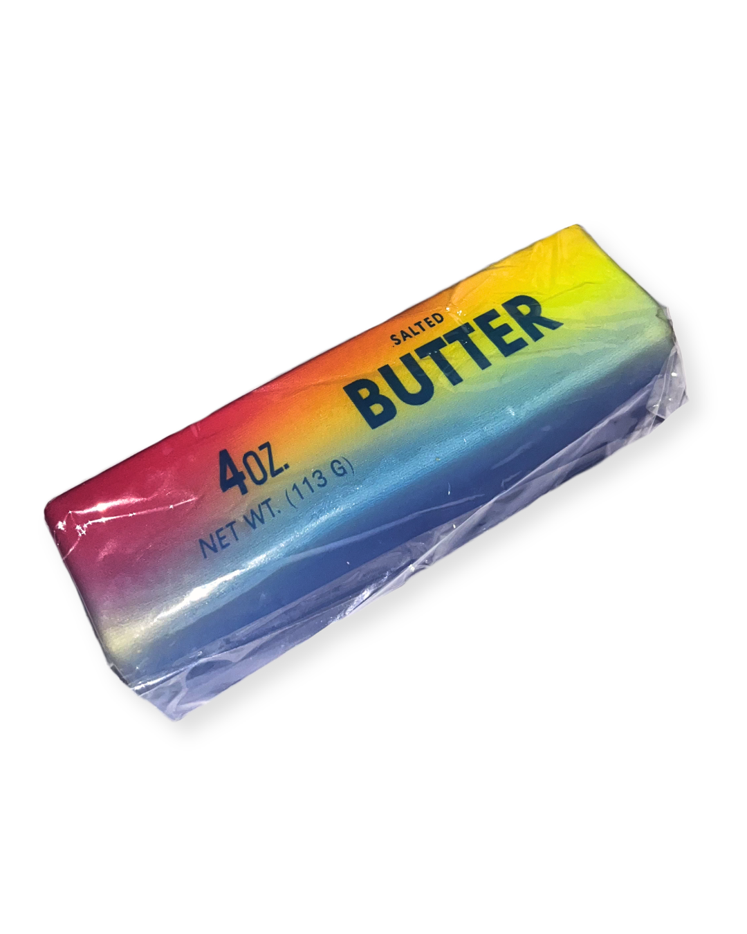 „Kolorowy gniotek Butter Squishy w podłużnym kształcie, długości około 13,5 cm. Powierzchnia ma gradientowe przejście kolorów tęczy ułożonych poziomo. Produkt jest miękki i piankowy.”